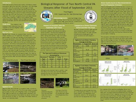 Biological Response of Two North Central PA Streams After Flood of September 2011 Fred Rogers CWI, Supervisor Dr. Mel Zimmerman Introduction: Within Pennsylvania,