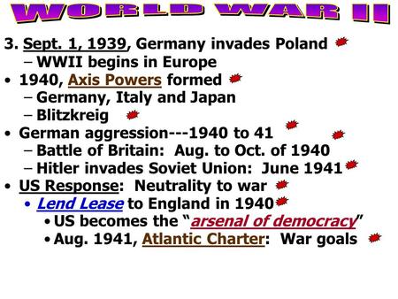 3. Sept. 1, 1939, Germany invades Poland –WWII begins in Europe 1940, Axis Powers formed –Germany, Italy and Japan –Blitzkreig German aggression---1940.