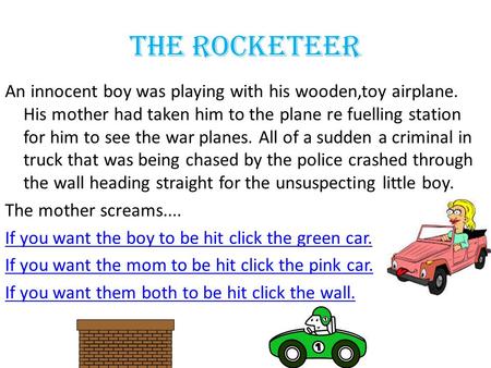 The Rocketeer An innocent boy was playing with his wooden,toy airplane. His mother had taken him to the plane re fuelling station for him to see the war.