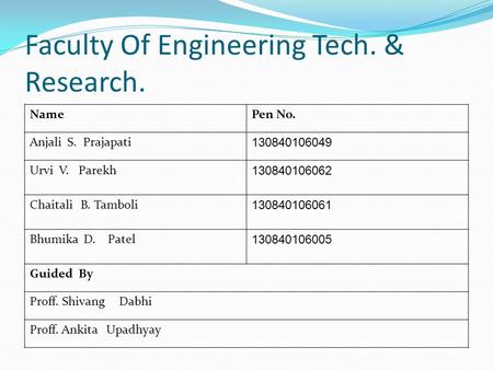 Faculty Of Engineering Tech. & Research. NamePen No. Anjali S. Prajapati 130840106049 Urvi V. Parekh 130840106062 Chaitali B. Tamboli 130840106061 Bhumika.