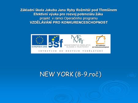 NEW YORK (8-9.roč) Základní škola Jakuba Jana Ryby Rožmitál pod Třemšínem Efektivní výuka pro rozvoj potenciálu žáka projekt v rámci Operačního programu.