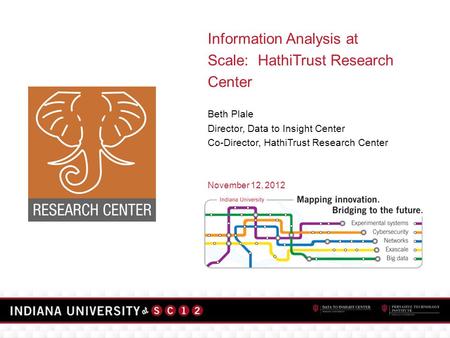 Information Analysis at Scale: HathiTrust Research Center Beth Plale Director, Data to Insight Center Co-Director, HathiTrust Research Center November.