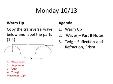 Monday 10/13 Warm Up Copy the transverse wave below and label the parts (1-4) Agenda 1.Warm Up 2. Waves – Part II Notes 3.Twig – Reflection and Refraction,