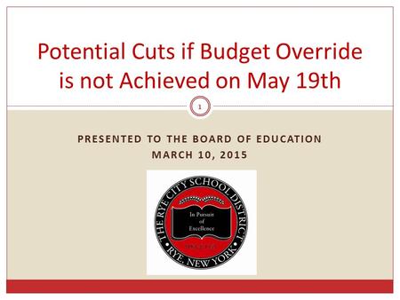 PRESENTED TO THE BOARD OF EDUCATION MARCH 10, 2015 1 Potential Cuts if Budget Override is not Achieved on May 19th.