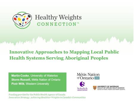 Innovative Approaches to Mapping Local Public Health Systems Serving Aboriginal Peoples Martin Cooke, University of Waterloo Storm Russell, Métis Nation.
