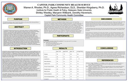 CAPITOL PARK COMMUNITY HEALTH SURVEY Warren A. Rhodes, Ph.D., Agnes Richardson, DLS., Sheridan Kingsberry, Ph.D. Institute for Public Health & Policy,