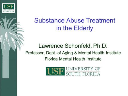 Substance Abuse Treatment in the Elderly Lawrence Schonfeld, Ph.D. Professor, Dept. of Aging & Mental Health Institute Florida Mental Health Institute.