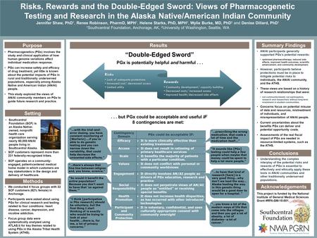 Le-Edged Sword Risks, Rewards and the Double-Edged Sword: Views of Pharmacogenetic Testing and Research in the Alaska Native/American Indian Community.