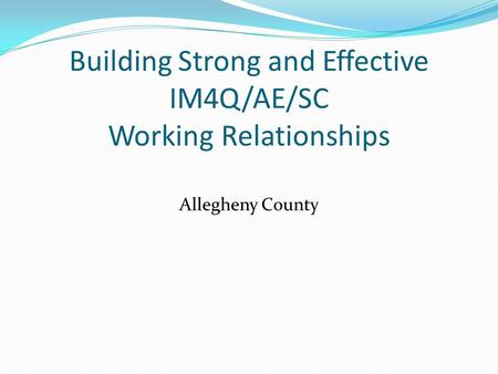 Building Strong and Effective IM4Q/AE/SC Working Relationships Allegheny County.