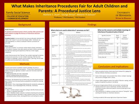 What Makes Inheritance Procedures Fair for Adult Children and Parents: A Procedural Justice Lens Marlene S. Stum 1, George Brisse 2, Melanie N Jackson.