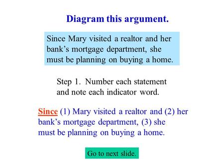 Since Mary visited a realtor and her bank’s mortgage department, she must be planning on buying a home. Step 1. Number each statement and note each indicator.