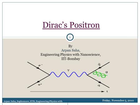 Dirac’s Positron By Arpan Saha, Engineering Physics with Nanoscience, IIT-Bombay Arpan Saha, Sophomore, IITB, Engineering Physics with Nanoscience Friday,