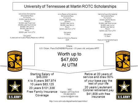 University of Tennessee at Martin ROTC Scholarships Active Duty Scholarship Scholarship Pays Full tuition $1200/ year for Books Stipend $3,000/ year Freshman.