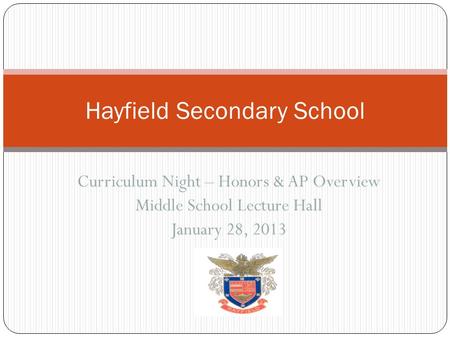Curriculum Night – Honors & AP Overview Middle School Lecture Hall January 28, 2013 Hayfield Secondary School.