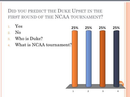 D ID YOU PREDICT THE D UKE U PSET IN THE FIRST ROUND OF THE NCAA TOURNAMENT ? Slide 1- 1 1. Yes 2. No 3. Who is Duke? 4. What is NCAA tournament?