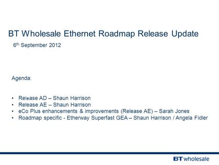 BT Wholesale Ethernet Roadmap Release Update 6 th September 2012 Agenda: Re le ase AD – Shaun Harrison Release AE – Shaun Harrison eCo Plus enhancements.