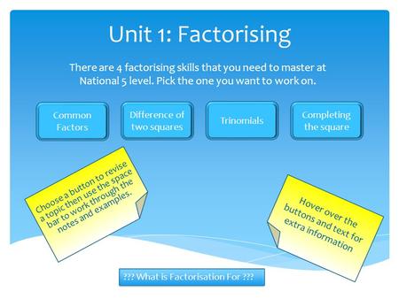 Unit 1: Factorising There are 4 factorising skills that you need to master at National 5 level. Pick the one you want to work on. Common Factors Difference.