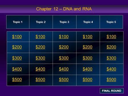 Chapter 12 – DNA and RNA $100 $200 $300 $400 $500 $100$100$100 $200 $300 $400 $500 Topic 1Topic 2Topic 3Topic 4 Topic 5 FINAL ROUND.
