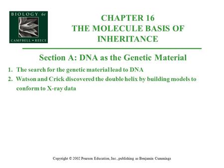 CHAPTER 16 THE MOLECULE BASIS OF INHERITANCE Copyright © 2002 Pearson Education, Inc., publishing as Benjamin Cummings Section A: DNA as the Genetic Material.
