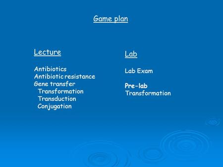 Game plan Lecture Antibiotics Antibiotic resistance Gene transfer Transformation Transduction Conjugation Lab Lab Exam Pre-lab Transformation.