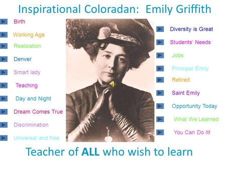 Inspirational Coloradan: Emily Griffith Teacher of ALL who wish to learn Birth Working Age Realization Denver Smart lady Teaching Day and Night Dream.
