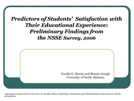 Predictors of Students’ Satisfaction with Their Educational Experience: Preliminary Findings from the NSSE Survey, 2006 Cecelia G. Martin and Beatriz Joseph.