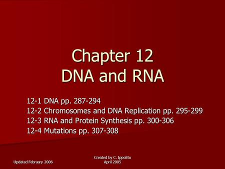 Updated February 2006 Created by C. Ippolito April 2005 Chapter 12 DNA and RNA 12-1 DNA pp. 287-294 12-2 Chromosomes and DNA Replication pp. 295-299 12-3.