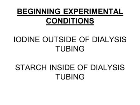 BEGINNING EXPERIMENTAL CONDITIONS IODINE OUTSIDE OF DIALYSIS TUBING STARCH INSIDE OF DIALYSIS TUBING.