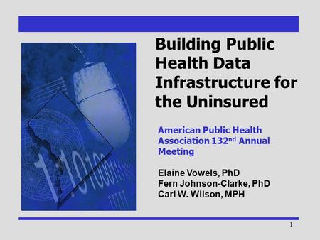 1 American Public Health Association 132 nd Annual Meeting Elaine Vowels, PhD Fern Johnson-Clarke, PhD Carl W. Wilson, MPH Building Public Health Data.