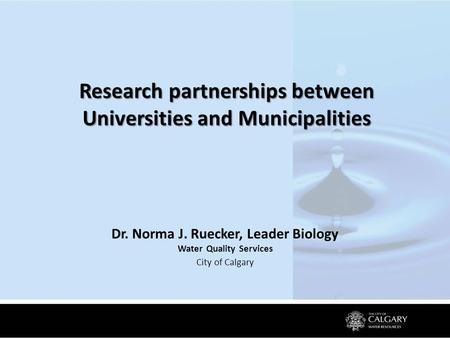 Research partnerships between Universities and Municipalities Dr. Norma J. Ruecker, Leader Biology Water Quality Services City of Calgary.
