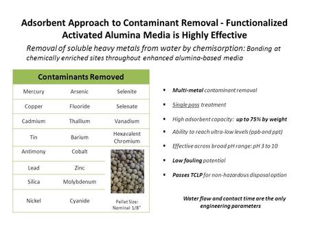 Adsorbent Approach to Contaminant Removal - Functionalized Activated Alumina Media is Highly Effective  Multi-metal contaminant removal  Single pass.