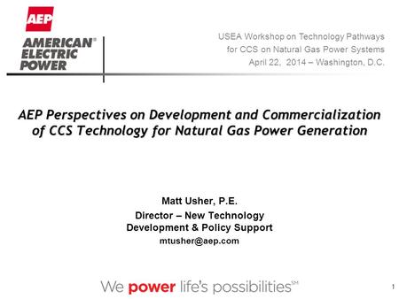 1 AEP Perspectives on Development and Commercialization of CCS Technology for Natural Gas Power Generation Matt Usher, P.E. Director – New Technology Development.