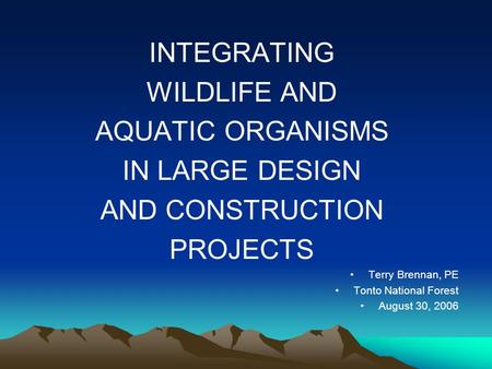 INTEGRATING WILDLIFE AND AQUATIC ORGANISMS IN LARGE DESIGN AND CONSTRUCTION PROJECTS Terry Brennan, PE Tonto National Forest August 30, 2006.