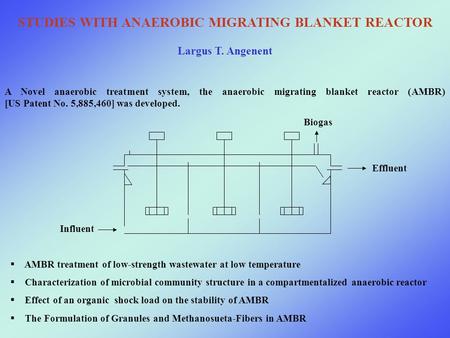 STUDIES WITH ANAEROBIC MIGRATING BLANKET REACTOR  AMBR treatment of low-strength wastewater at low temperature  Characterization of microbial community.