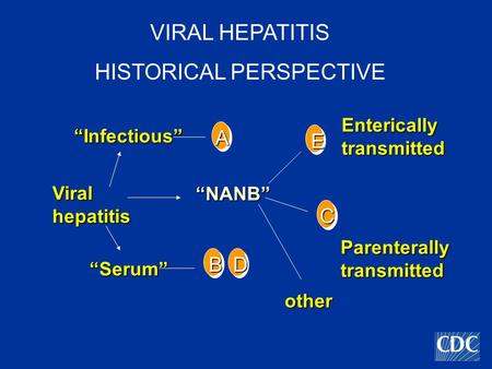 A “Infectious” “Serum” Viral hepatitis EntericallytransmittedParenterallytransmitted other other E “NANB” BD C VIRAL HEPATITIS HISTORICAL PERSPECTIVE.