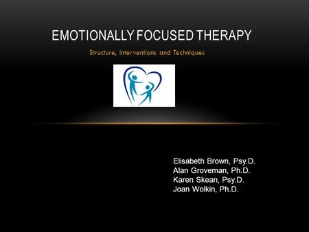 Structure, Interventions and Techniques EMOTIONALLY FOCUSED THERAPY Elisabeth Brown, Psy.D. Alan Groveman, Ph.D. Karen Skean, Psy.D. Joan Wolkin, Ph.D.