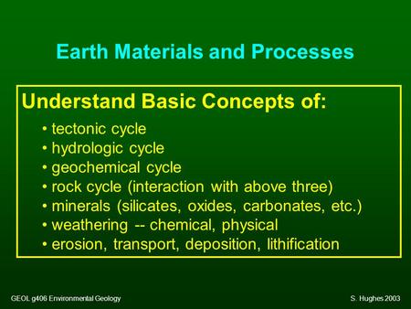 Earth Materials and Processes Understand Basic Concepts of: tectonic cycle hydrologic cycle geochemical cycle rock cycle (interaction with above three)