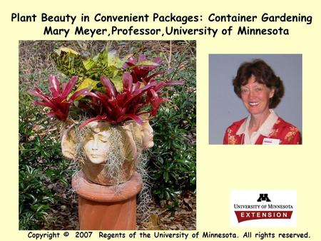 Plant Beauty in Convenient Packages: Container Gardening Mary Meyer,Professor,University of Minnesota Copyright © 2007 Regents of the University of Minnesota.