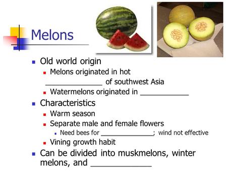 Melons Old world origin Melons originated in hot ______________ of southwest Asia Watermelons originated in ____________ Characteristics Warm season Separate.