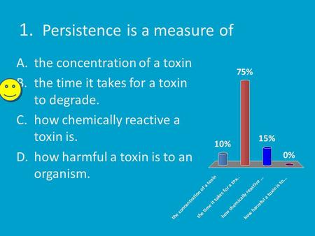 1. Persistence is a measure of A.the concentration of a toxin B.the time it takes for a toxin to degrade. C.how chemically reactive a toxin is. D.how harmful.
