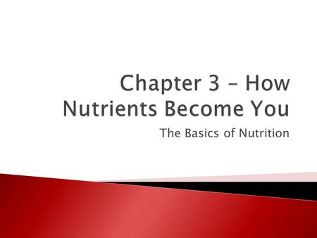 The Basics of Nutrition.  “You are what you eat”  Food is your body’s fuel  Food is eaten ◦ It is broken down into simpler elements ◦ Energy is released.