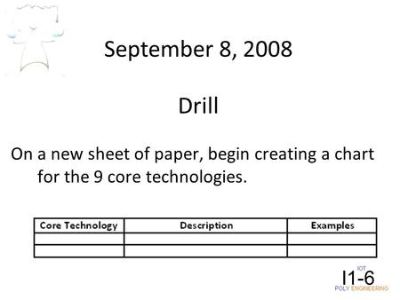 IOT POLY ENGINEERING I1-6 September 8, 2008 On a new sheet of paper, begin creating a chart for the 9 core technologies. Drill.