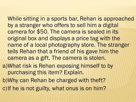 While sitting in a sports bar, Rehan is approached by a stranger who offers to sell him a digital camera for $50. The camera is sealed in its original.