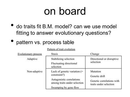 On board do traits fit B.M. model? can we use model fitting to answer evolutionary questions? pattern vs. process table.