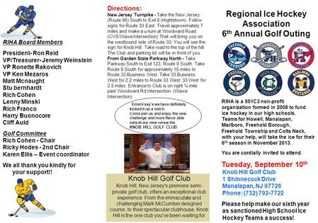 Regional Ice Hockey Association 6 th Annual Golf Outing RIHA is a 501C3 non-profit organization formed in 2008 to fund ice hockey in our high schools.
