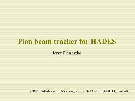 1 Pion beam tracker for HADES Jerzy Pietraszko CBM Collaboration Meeting, March 9-13, 2009, GSI, Darmstadt.