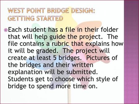  Each student has a file in their folder that will help guide the project. The file contains a rubric that explains how it will be graded. The project.