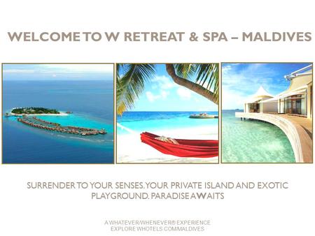 WELCOME TO W RETREAT & SPA – MALDIVES SURRENDER TO YOUR SENSES. YOUR PRIVATE ISLAND AND EXOTIC PLAYGROUND. PARADISE AWAITS A WHATEVER/WHENEVER® EXPERIENCE.