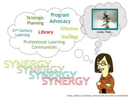 Lonely Trees… Program Advocacy Strategic Planning Professional Learning Communities Effective Teaching 21 st Century Learning Library Anita, Library Consultant,