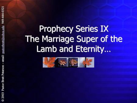 © 2003 Pastor Brett Peterson –   949-444-0321 Prophecy Series IX The Marriage Super of the Lamb and Eternity…